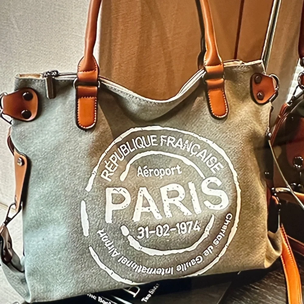 Last 1 Retro crossbody canvas tote bag. Gray with white lettering. New - Picture 1 of 3